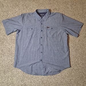 Orvis Mens Large XL Button Up Blue Camisa Outdoor Hiking Fishing Pockets Poly